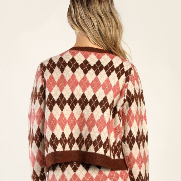 Lulus Clued In Cutie Brown Multi Argyle V-Neck Cardigan Size Large - Picture 12 of 14